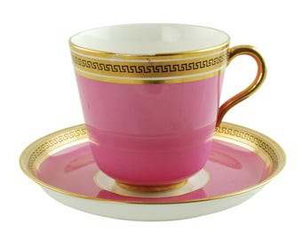 Antique Gilded Pink Porcelain Teacup and Saucer with Greek Key Motif, Brown Westhead & Moore, Pattern C 3231