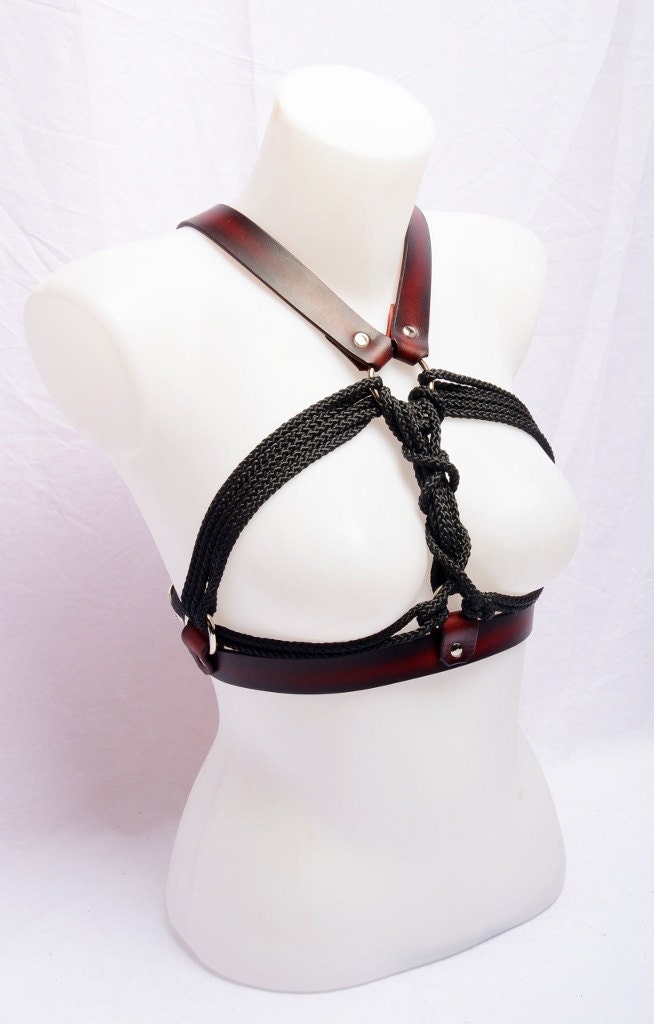 BDSM Breast Binder, Bondage Harness, Rope and Leather Breast Binder,Dark Re...