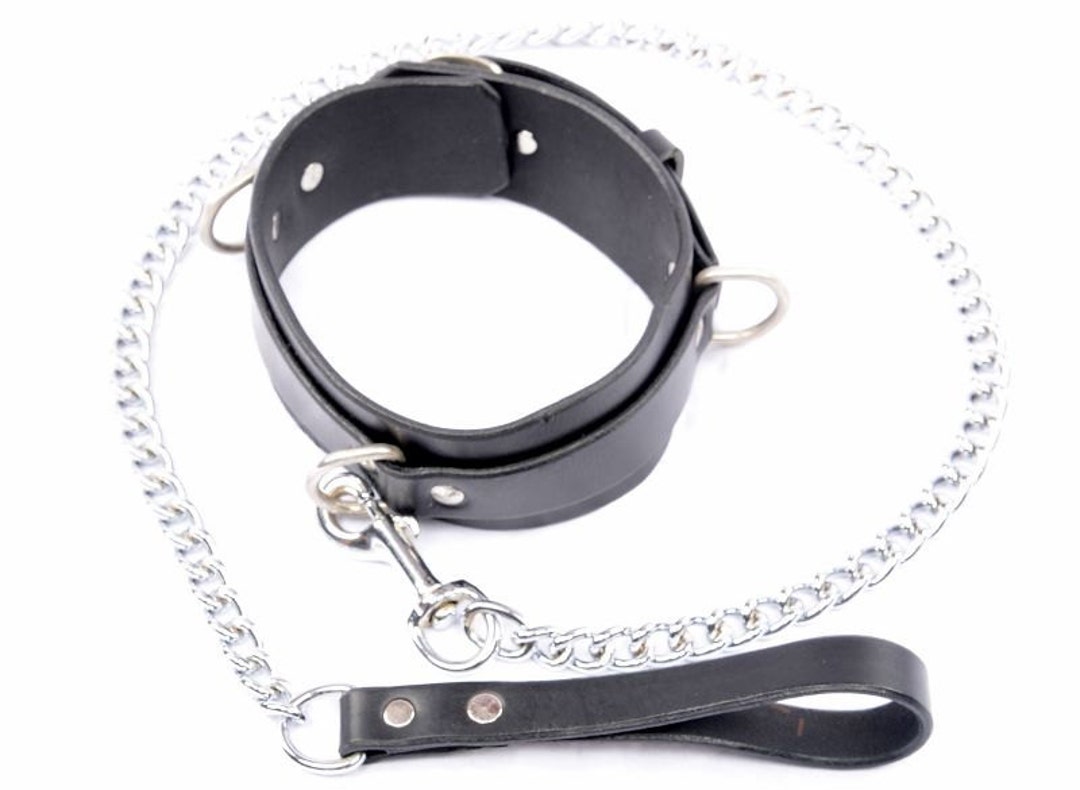 BDSM Collar. Handmade Black Leather Collar. Large Leather Collar With 3 D  Rings, Lead and Chain. Men's Large Collar. Handmade BDSM Collar. 