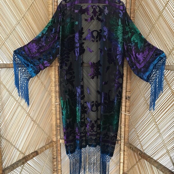Kimono jacket,velvet,fringe jacket,burnout jacket,devore jacket.gypsy,boho peacock,wearable art,devore kimono,burnout kimono,duster jacket