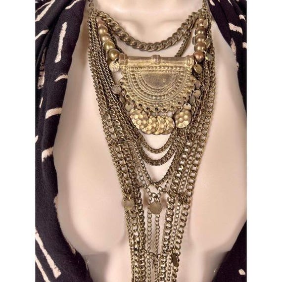 Boho Layered Statement Necklace Metal Multi Stran… - image 2