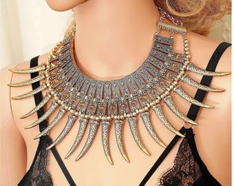 Tribal Statement Bib Necklace Gold Tone Bold Geometric