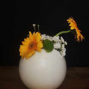 Puede incluir: Un jarrón de cerámica blanco con forma de huevo con un ramo de flores amarillas y blancas. Las flores incluyen margaritas y un solo girasol.