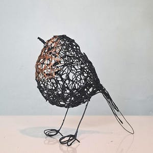 Könnte beinhalten: Drahtskulptur eines Vogels mit schwarzem Körper und kupferfarbenem Kopf. Der Vogel steht auf dünnen Drahtbeinen mit geschlungenen Füßen. Die Skulptur hat ein filigranes, offenes Design.