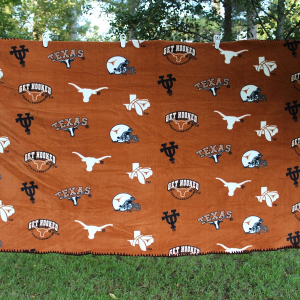 UT Longhorn Football Game Wrap 62.5" x 37" - University of Texas Fleece Wrap Bordered with Chocolate Brown Yarn