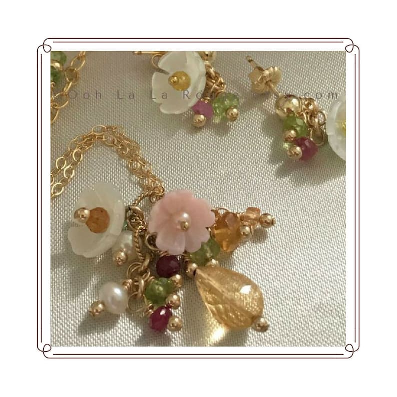 Carved Mother of Pearl Flowers Sapphire Peridot Pearl Pendant Necklace Earring Set Multi Gemstone Citrine Gold Filled Emerald