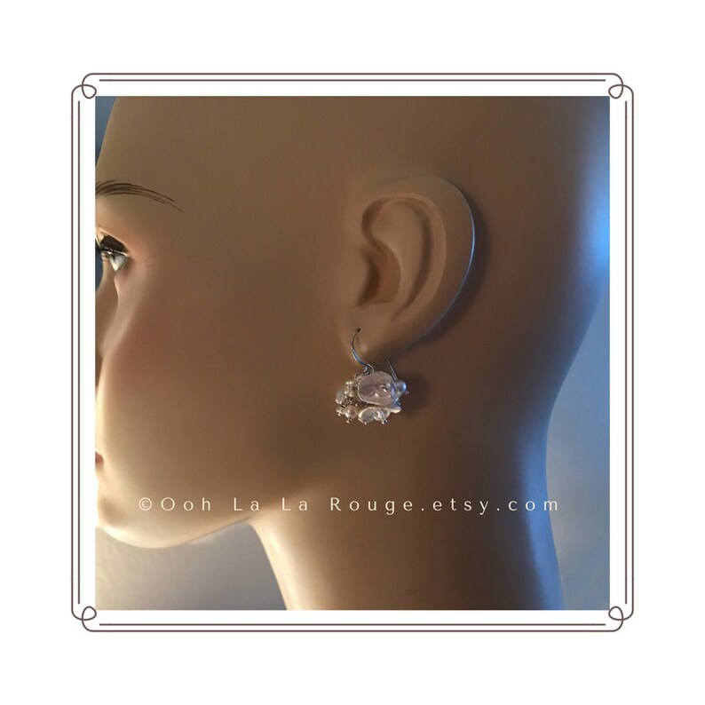 Bridal Bouquet Wedding Jewelry Yellow or Rose Gold Fill Handmade Ear Wires White Keshi Pearl /& Gemstone Cluster Earrings Sterling Silver