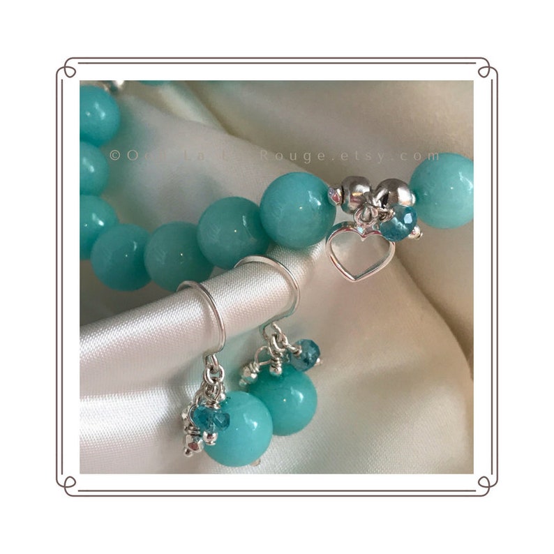 Sterling Silver Heart Charm Apatite Gemstones Hemimorphite Handmade Ear Wires Jewelry Gift for Her Blue Gemstone Bracelet Earring Set