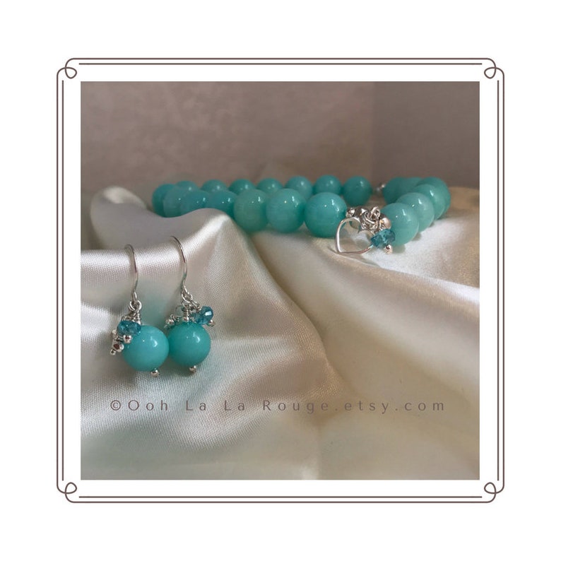 Sterling Silver Heart Charm Apatite Gemstones Hemimorphite Handmade Ear Wires Jewelry Gift for Her Blue Gemstone Bracelet Earring Set