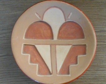 San Juan Pueblo Deeply Carved Redware Plate; likely made by Tomasita Montoya, 1940-1950 - FREE SHIPPING - [#72 - TB - Shelf 4M]