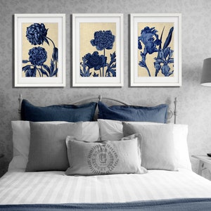 Azul oscuro y crema Chinoiserie Florales Impresiones artísticas 3 piezas Flores azules Decoración de pared Regalo del Día de la Madre