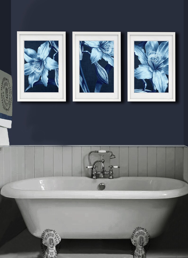 Navy Blue Botanical Art Prints Lily Flower 3 Piece Wall Decor - Etsy