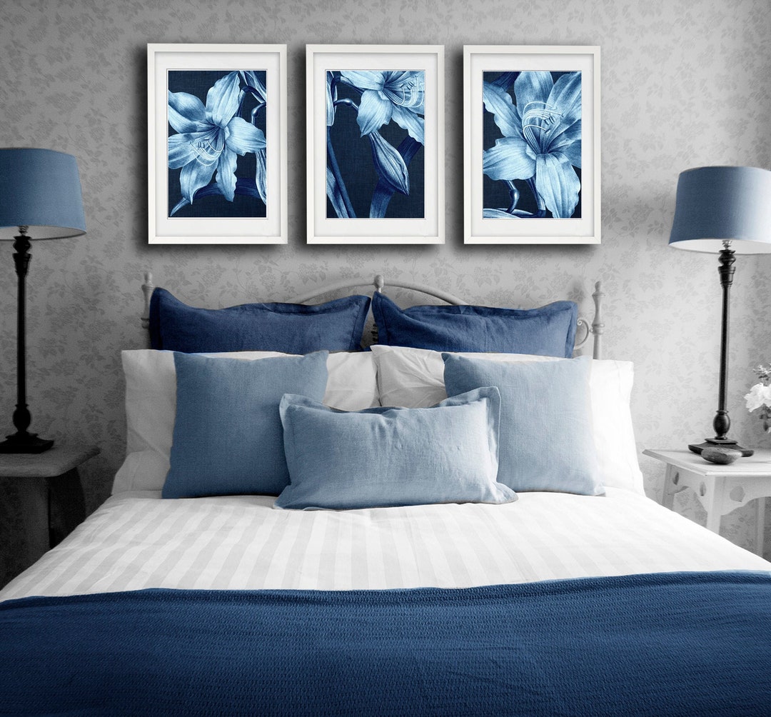 Navy Blue Botanical Art Prints Lily Flower 3 Piece Wall Decor - Etsy
