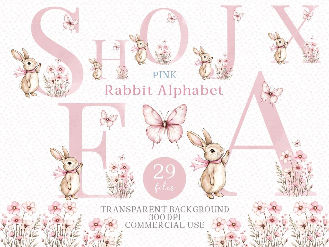 Pink Rabbit Alphabet Clipart PNG - Pink Bunny Alphabet for Baby Girl ...