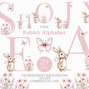 Rosa Kaninchen Alphabet Clipart PNG - Rosa Häschen Alphabet für Baby Mädchen Kinderzimmer Drucke - Aquarell Sofortdownloads - Kommerzielle Nutzung