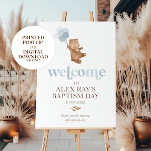 Personalised Blue Baptism Day Welcome Sign - Custom Bear Christening Poster - PRINTED or DIGITAL DOWNLOAD Available