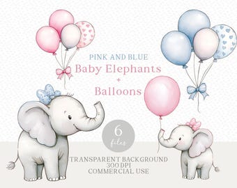 Baby Elephant Clipart PNG - Pink and Blue Elephants With Balloons - Watercolour Instant Downloads - Commercial Use