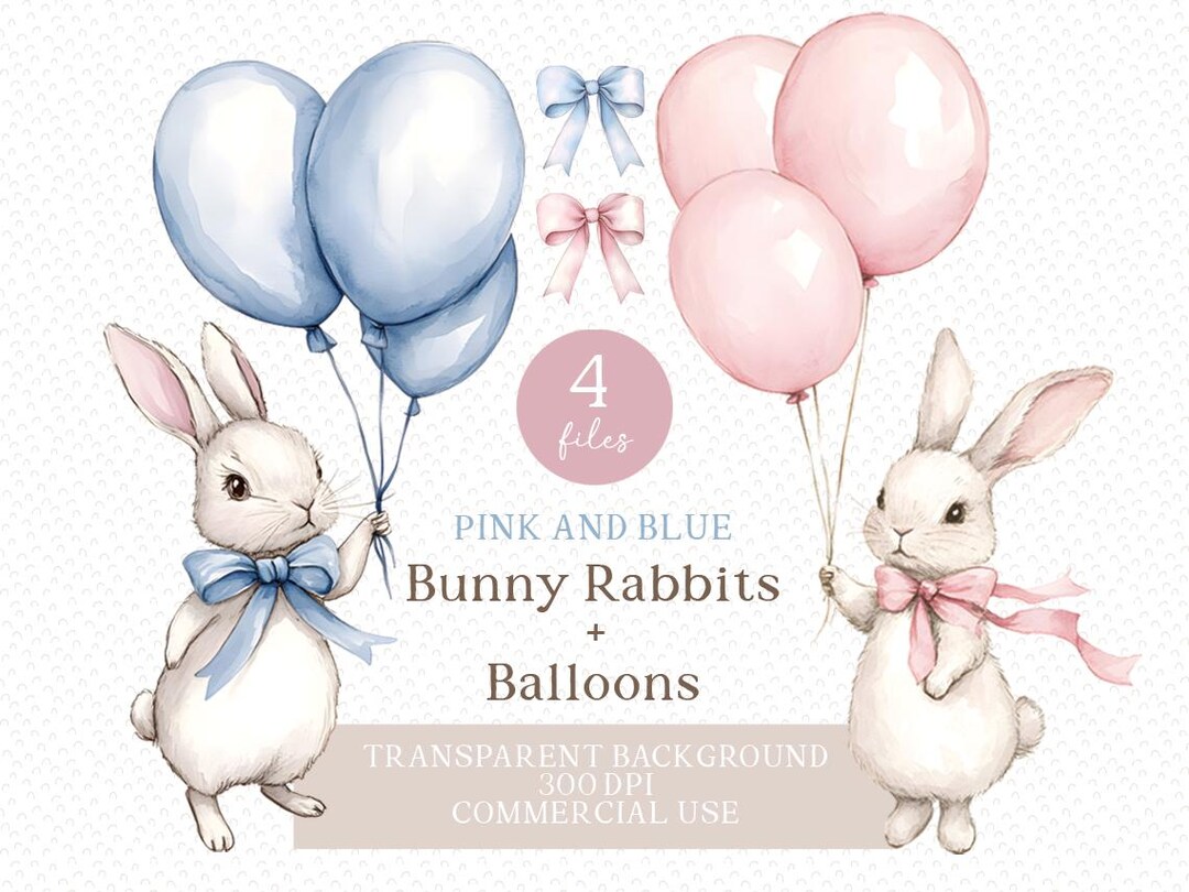 Baby Rabbit Clipart PNG - Pink and Blue Bunny's With Balloons and ...