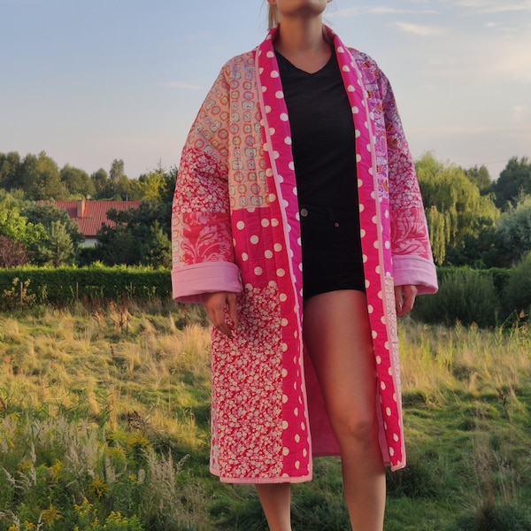 QUILT COTTON COAT Extra Long - Bohemian Style, Kimono Cut - Free Shipping Worldwide