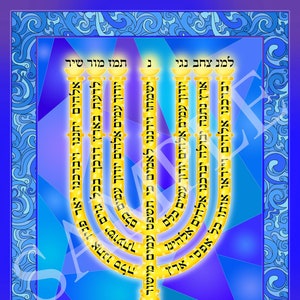 Decorated print of the seven-branched Menorah with Psalm 67 for protection, abundance and success. Kabbalah print on art paper 20x28”