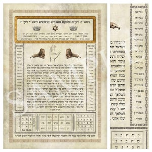 Puede incluir: Una impresión estilo pergamino con texto en hebreo, dos leones, un símbolo de mano central, una estrella de David y dos coronas. El diseño incluye cuadrículas geométricas con caracteres hebreos y bordes decorativos, presentando un diseño estructurado.