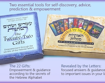 A pair of wonderful Kabbalah oracle card sets, Revealed by the Letters + The 22 Gifts, for combined readings deep insights  answers & advice