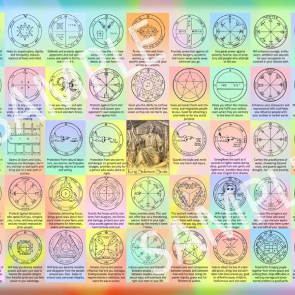 The 44 Seals of Solomon - 12"x16" Kabbalah poster for instant download - contains the 44 King Solomon seals and their interpretations