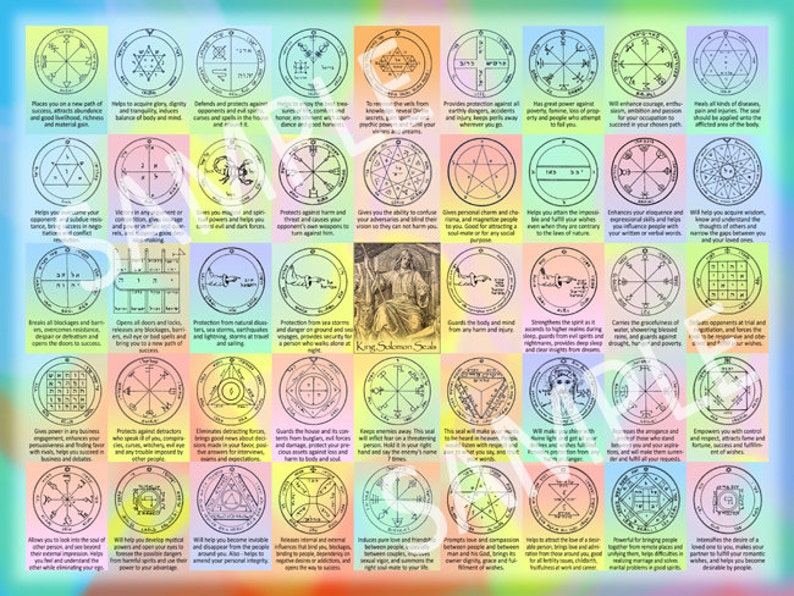 The 44 Seals of Solomon 12x16 Kabbalah poster for instant download contains the 44 King Solomon seals and their interpretations image 1