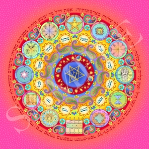 Op de afbeelding: Een kleurrijke cirkelvormige mandala met Hebreeuwse tekst en symbolen. De mandala is omgeven door een roze achtergrond met witte stippen. De tekst in de afbeelding luidt: "עשתה-לה שש וארגמן לבושה: נינים מכרה: מרבדים עש חיל מי ימצא ורחוק סאל * בושה: פיה פתחה בחוכמה ותורת-חסר מחי עמם על-לשונה: רבות בנות עשו חיל ואת עלית על-בלנה: יהי שלום בחילך שלווה בארמונותיך: אשת שאה מוד"