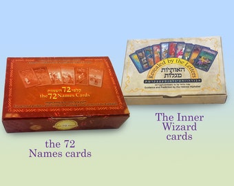 May include: Two rectangular card deck boxes. The left box is deep red with gold text reading "the 72 Names Cards" and "Cosmic wisdom has a special message for you." The right box is cream-colored with "Revealed by the Letters" and Hebrew text.