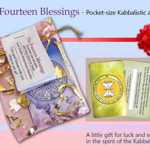 May include: A set of 14 pocket-sized amulets in a pink and gold organza bag. The amulets are decorated with King Solomon Seals and the text "The Fourteen Blessings". The bag is tied with a red ribbon and bow. The text "Love-Health-Protection-Success" is printed on the bag.