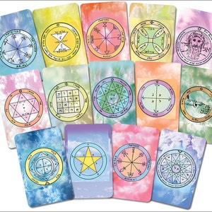 May include: A set of 12 cards with colourful backgrounds and geometric designs. Each card features a circle with a different symbol or pattern inside. The symbols include stars, squares, and circles with Hebrew letters.