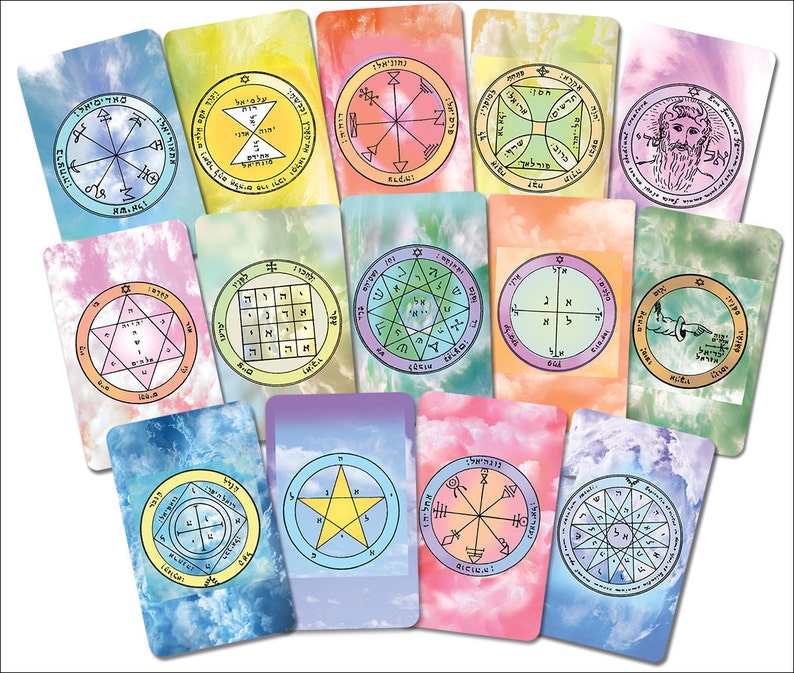 May include: A set of 12 cards with colourful backgrounds and geometric designs. Each card features a circle with a different symbol or pattern inside. The symbols include stars, squares, and circles with Hebrew letters.