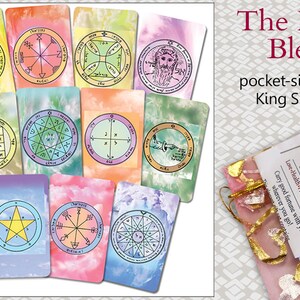 May include: A set of fourteen pocket-sized amulets featuring King Solomon Seals. Each amulet is printed on a card with a colourful watercolour background and features a different seal. The cards are arranged in a grid pattern and are displayed in a small pouch with a gold ribbon.