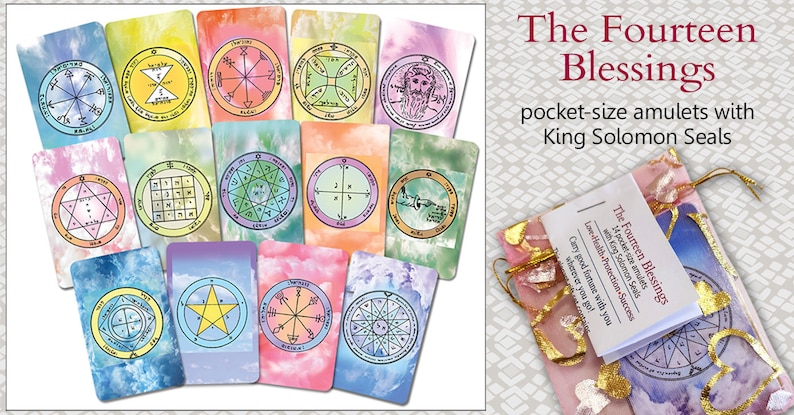 May include: A set of fourteen pocket-sized amulets featuring King Solomon Seals. Each amulet is printed on a card with a colourful watercolour background and features a different seal. The cards are arranged in a grid pattern and are displayed in a small pouch with a gold ribbon.