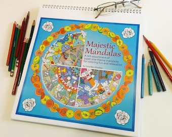 May include: A coloring book titled "Majestic Mandalas" with a colorful mandala design on the cover. The book features a rich assortment of super-size theme mandalas for coloring fun and relaxation. By Orna Ben Shoshan.