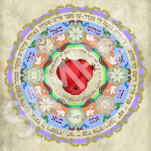 May include: A colorful circular design with Hebrew text and symbols. The center features two red pomegranates. The design is surrounded by a ring of white doves and a ring of Hebrew text.