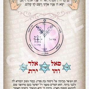 May include: A pink and white circle with Hebrew text and symbols. The circle is surrounded by a decorative border. The text below the circle reads "Shem, Shem, Shem, El, El, El,  Heh, Heh, Heh".