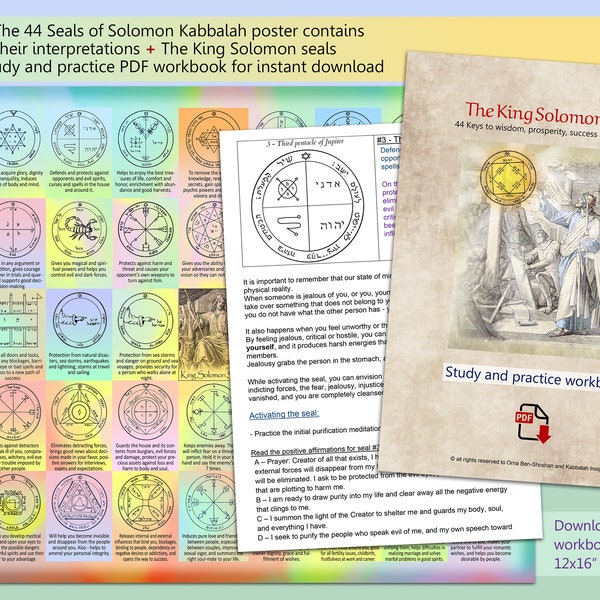 The 44 Seals of Solomon interpretations Kabbalah poster  + The King Solomon seals activation - study and practice workbook - PDF download