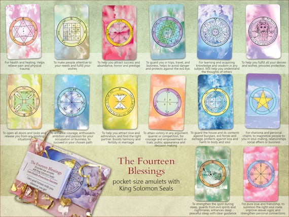 The Fourteen Blessings – A Special gift set  containing 14 Pocket-size Kabbalah amulets with King Solomon seals for blessings & good foutune