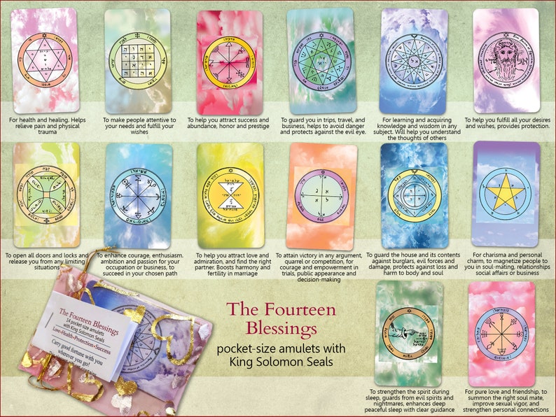 May include: A set of 14 pocket-sized amulets featuring King Solomon Seals. Each amulet is surrounded by a colourful, watercolour-like background and features a unique symbol. The amulets are designed to provide blessings for various aspects of life, such as health, love, protection, and success. The text on the cards reads "The Fourteen Blessings" and "pocket-size amulets with King Solomon Seals".