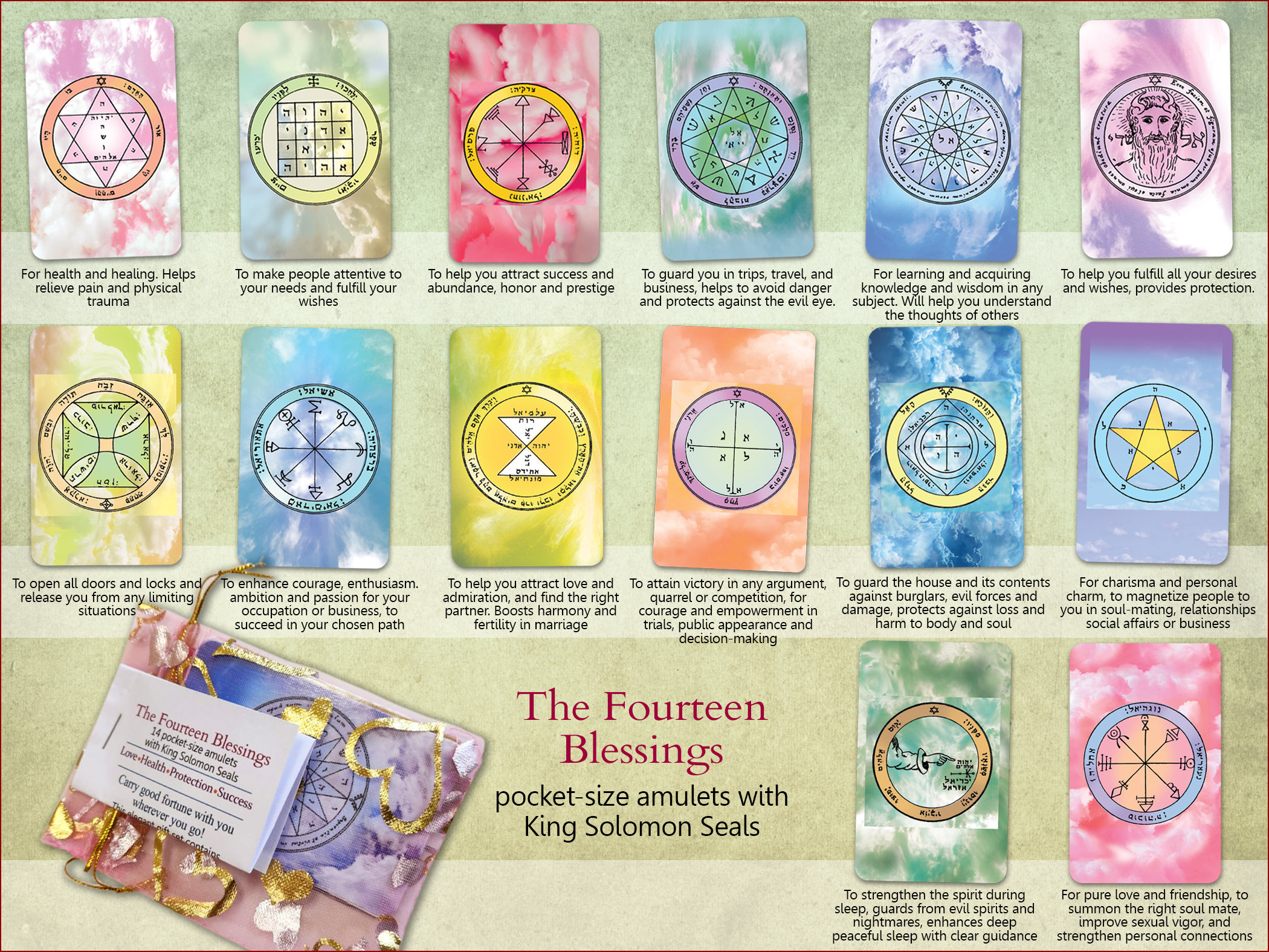 Le Quattordici Benedizioni – Un set regalo speciale contenente 14 amuleti tascabili della Kabbalah con sigilli di Re Salomone per benedizioni e buona fortuna