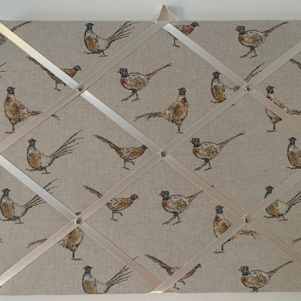 HANDMADE fabric covered memo board. 2 sizes to choose from.....in lovely pheasant fabric finished in cream satin ribbon x