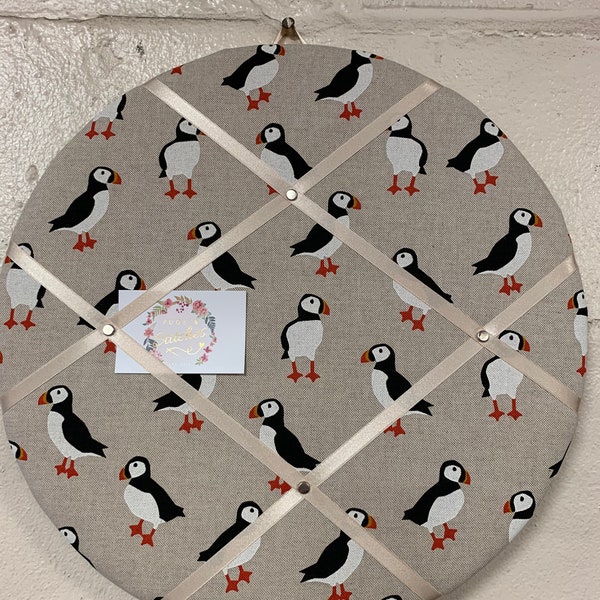 HANDMADE fabric covered memo board. 40cm.........in lovely puffin fabric finished in cream satin ribbon x