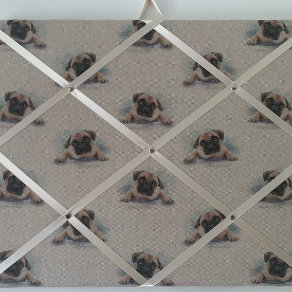 HANDMADE fabric covered memo board. 2 sizes to choose from....in lovely pug fabric finished in cream satin ribbon x