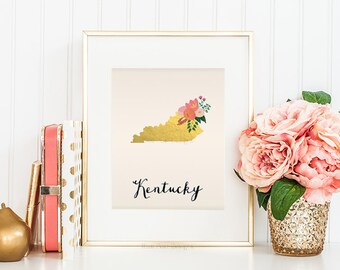 Kentucky Art Printable Kentucky State Art Print Kentucky Wall Art State Map Printable State Printable Map Printable Wall Art Faux Gold Foil