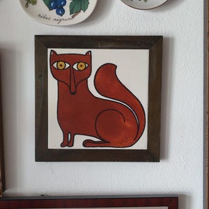 Vintage fox ceramic wall picture framed Mid Century 50s 60s 70s Scandi design picture art tile