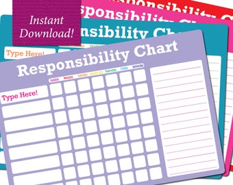 Instant Download - Fillable PDF Chore Chart Responsibility Chart - 4 Colors Included