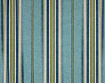 May include: A fabric with vertical stripes in shades of blue, green, and off-white. The stripes are of varying widths, creating a textured appearance. The background is a solid light blue color.