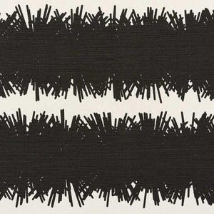 May include: Abstract black and white pattern. The design features two thick horizontal black bands with a textured appearance, separated by a white background. The edges of the black bands have a spiky, brushstroke-like quality, creating a dynamic visual effect.
